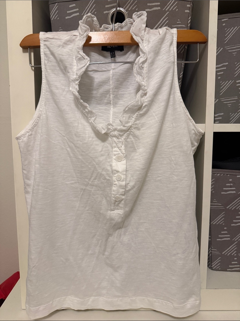 ME+EM White Ruffle V-Neck Button Tank Top